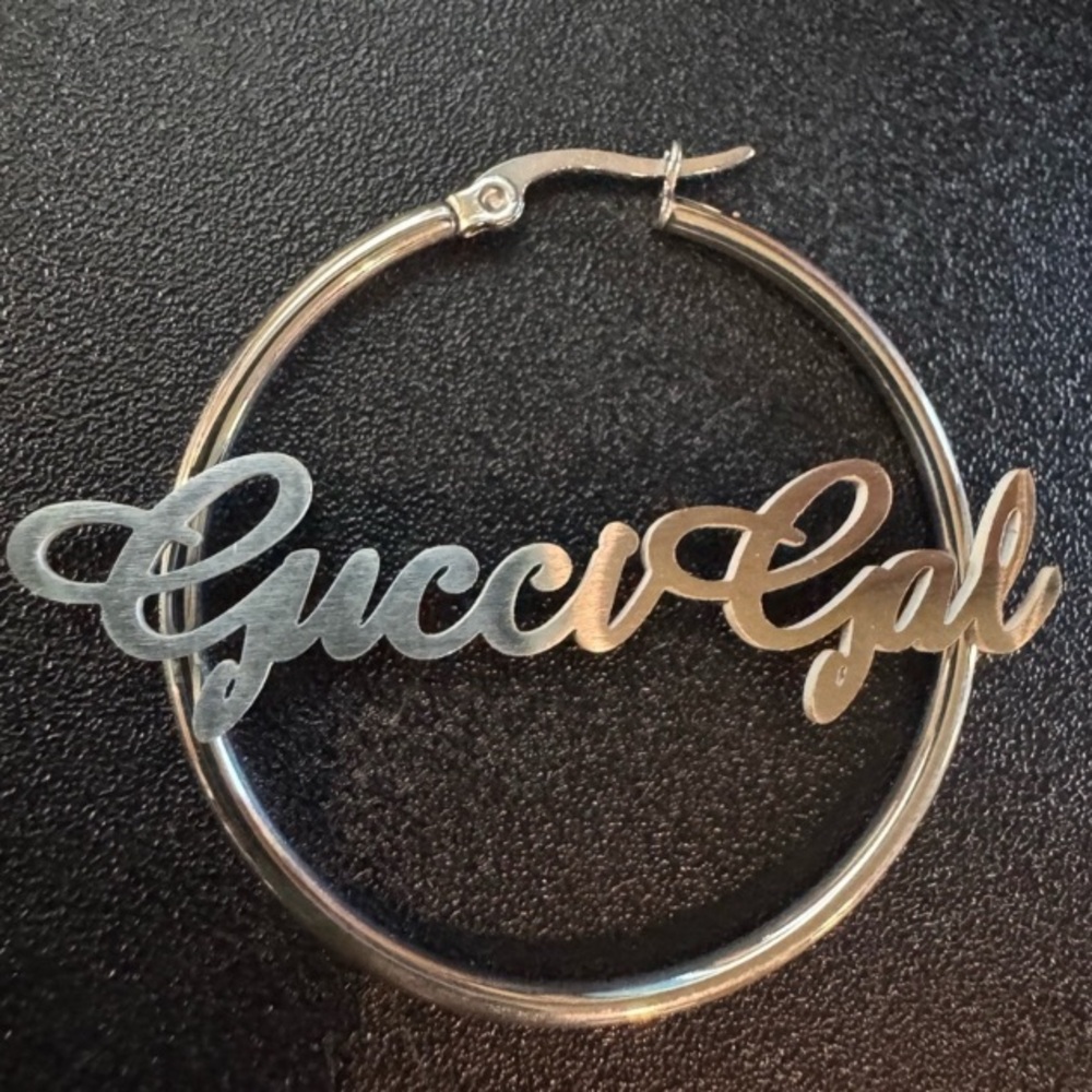GucciGal Custom Made Silver Script Hoop Earrings - Picture 6 of 6